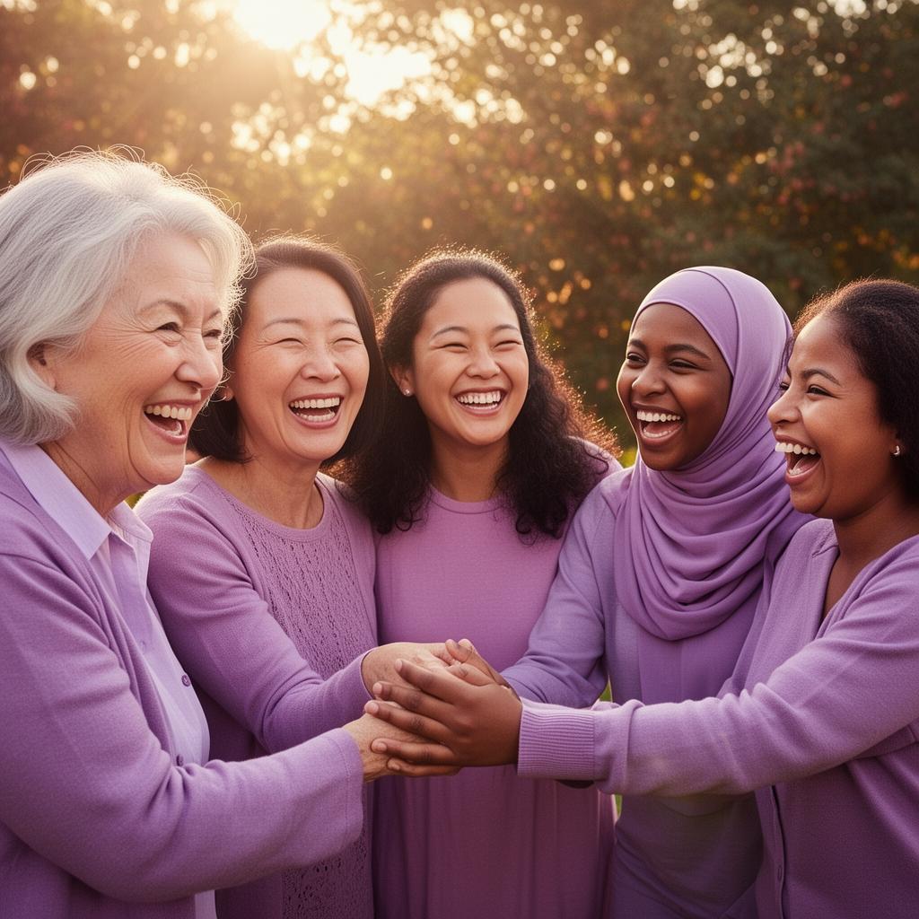 A circle of women of different ages and ethnicities — including an older white woman, an East Asian woman, a Latina woman, a young woman in a hijab and a Black woman — laughing together in warm evening light