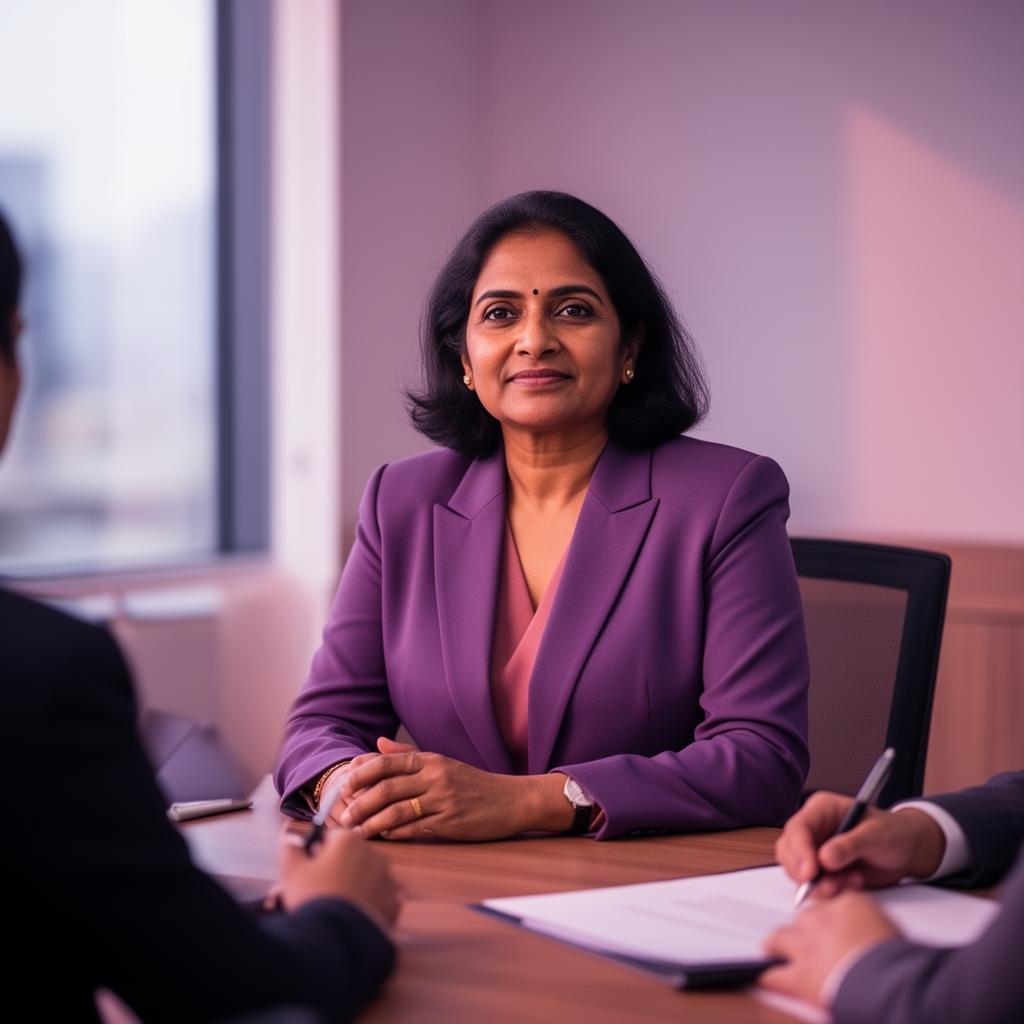 A South Asian woman in a purple blazer calmly leading a meeting in a sunlit office